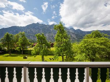 From the balcony you have an impressive view of the green garden and the Salzkammergut mountains