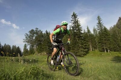 Ein Mann fährt mit dem Mountainbike in der Wiese
